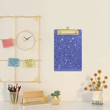 Piasoenc Acrylic Small Clipboard, Fashion Glitter Clip Board with Low Profile Gold Clip, Cute Confetti Board for Kids, Students, Teacher, Woman, Artist, A5 Letter Size 6 x 9 in, Blue