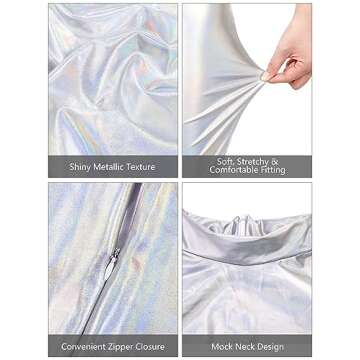 SOMSOC 4 Pieces One Piece Women Alien Bodysuits Costume Metallic Mock Neck Unitard Zipper Alien Halloween Costume Headband Glasses Glitter, X-Large
