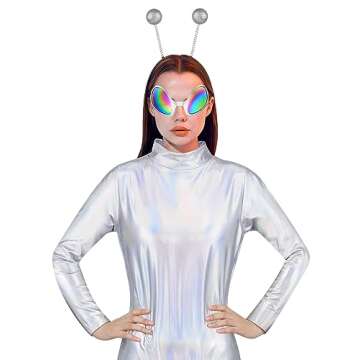 SOMSOC 4 Pieces One Piece Women Alien Bodysuits Costume Metallic Mock Neck Unitard Zipper Alien Halloween Costume Headband Glasses Glitter, X-Large
