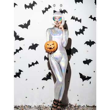 SOMSOC 4 Pieces One Piece Women Alien Bodysuits Costume Metallic Mock Neck Unitard Zipper Alien Halloween Costume Headband Glasses Glitter, X-Large