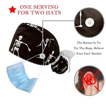 Dance Skeleton Bracket Working Caps with Buttons, Long Hair Scrub Hats Ponytail Holder for Women
