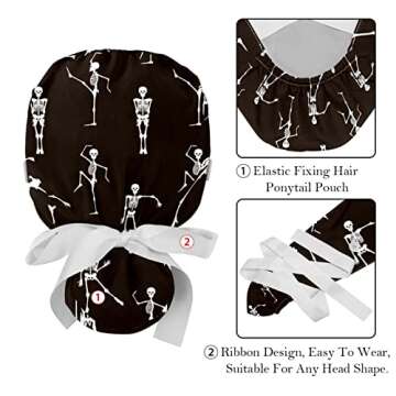 Dance Skeleton Bracket Working Caps with Buttons, Long Hair Scrub Hats Ponytail Holder for Women