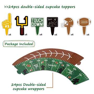 24packs Football Cupcake Toppers and Wrappers Football Theme Birthday Sports Game Day Sunday Party Decoration Supplies