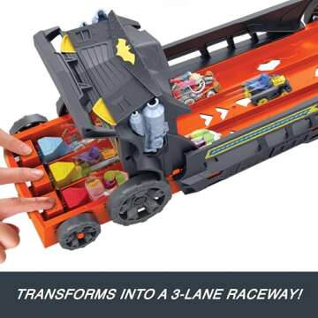 Hot Wheels Toy Car & Track, RacerVerse Batman’s Escape Chase Vehicle Transforms into 3-Lane Raceway with 1 Die-Cast Batman & 1 Joker