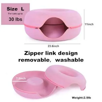 Large Cat Tunnel Bed for Indoor Cats with 3 Toys, Scratch Resistant Donut Cat Bed, Up to 30 Lbs (L 24x24x11, Pink)