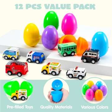 JOYIN 12 Pcs Prefilled Easter Eggs with Toys, Plastic Eggs with Alloy Pull Back Cars, Easter Basket Stuffers, Party Favors for Kids, Classroom Prize Supplies