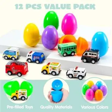 JOYIN 12 Pcs Prefilled Easter Eggs with Toys, Plastic Eggs with Alloy Pull Back Cars, Easter Basket Stuffers, Party Favors for Kids, Classroom Prize Supplies