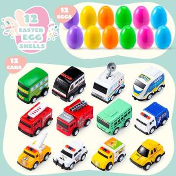 JOYIN 12 Pcs Prefilled Easter Eggs with Toys, Plastic Eggs with Alloy Pull Back Cars, Easter Basket Stuffers, Party Favors for Kids, Classroom Prize Supplies
