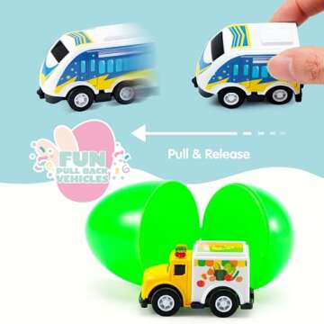 JOYIN 12 Pcs Prefilled Easter Eggs with Toys, Plastic Eggs with Alloy Pull Back Cars, Easter Basket Stuffers, Party Favors for Kids, Classroom Prize Supplies