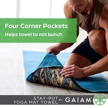 Gaiam Yoga Towel - Mat Sized Active Dry Non Slip Moisture Wicking Sweat Absorbent Microfiber Hot Yoga Towel for Women & Men | Stay-Put Corner Pockets (70" Long x 26" Wide), Grey