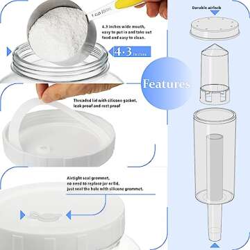 2 Pack 1 Gallon Large Fermentation Jars w 2 SCREW Lid and 3 Airlock - 100% Airtight Lid, Wide Mouth Glass Jar, Pickle Jar w Scale Mark for Sourdough Starter