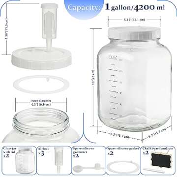 2 Pack 1 Gallon Large Fermentation Jars w 2 SCREW Lid and 3 Airlock - 100% Airtight Lid, Wide Mouth Glass Jar, Pickle Jar w Scale Mark for Sourdough Starter