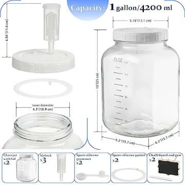 2 Pack 1 Gallon Large Fermentation Jars w 2 SCREW Lid and 3 Airlock - 100% Airtight Lid, Wide Mouth Glass Jar, Pickle Jar w Scale Mark for Sourdough Starter