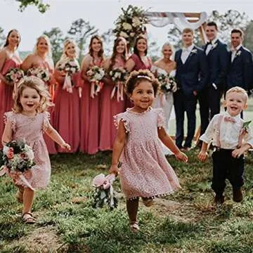 2Bunnies Girl Baby Toddler Vintage Lace Pom Pom Flutter Sleeve Easter Birthday Outfit Dress (Dusty Pink, 3T)