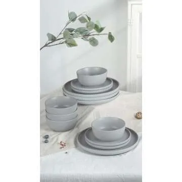 Famiware Dawn Plates and Bowls Sets, 12 Pieces Stoneware Dinnerware Sets, Dishes Set for 4, Microwave and Dishwasher Safe, Light Gray