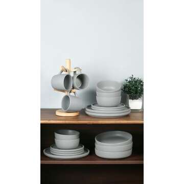 Famiware Dawn Plates and Bowls Sets, 12 Pieces Stoneware Dinnerware Sets, Dishes Set for 4, Microwave and Dishwasher Safe, Light Gray