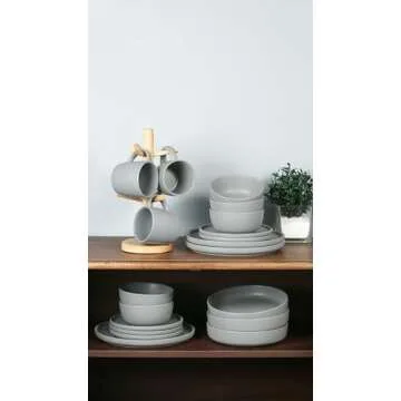 Famiware Dawn Plates and Bowls Sets, 12 Pieces Stoneware Dinnerware Sets, Dishes Set for 4, Microwave and Dishwasher Safe, Light Gray
