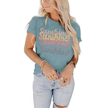 INFITTY Womens Funny Sunshine Letters Print T Shirts Summer Casual Loose Tops Short Sleeve Shirts Cu...