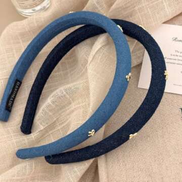 TEBIEKOY Thin Padded Headbands for Women Teen Girls, Bow Head Bands Non Slip Womens Fashion Cute Hairbands Denim Fabric Headbands for Women's Hair Accessories
