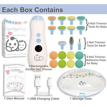 Rechargeable 22 in 1 Baby Nail Trimmer, Usage Labeled Case, 13 Extra Replacement Tools, Royal Angels Baby Electric Nail File, Nail Care Newborn Nail Clipper Toddler Nail Kit (Rechargeable, WhiteBlue)