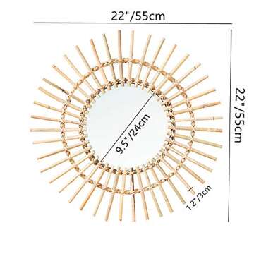 OYPEIP 22" Large Natural Rattan Sunburst Bohemian Hanging Glass Decor,Rustic Handwoven Innovative Ar...