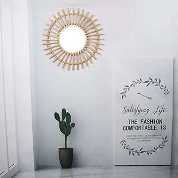 OYPEIP 22" Large Natural Rattan Sunburst Bohemian Hanging Glass Decor,Rustic Handwoven Innovative Art Decoration Round Makeup Mirror for Dressing Living Room Bedroom Bathroom Corridor,Entryway