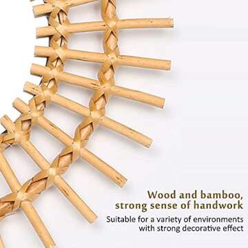 OYPEIP 22" Large Natural Rattan Sunburst Bohemian Hanging Glass Decor,Rustic Handwoven Innovative Art Decoration Round Makeup Mirror for Dressing Living Room Bedroom Bathroom Corridor,Entryway