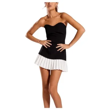 Floerns Stylish Strapless Sweetheart Neck Backless Party Dress - Black and White Color