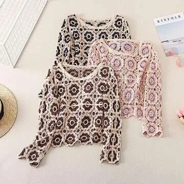 Honganda Women's Knit Crochet Cardigan with Floral Embroidery