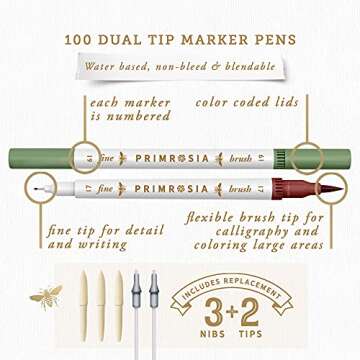 Primrosia 100 Dual Tip Marker Pens, Fineliner and Watercolor Brush Pens for Art Sketching Illustrati...