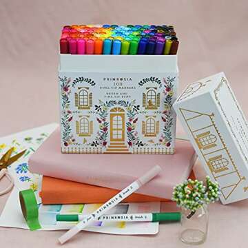 Primrosia 100 Dual Tip Marker Pens, Fineliner and Watercolor Brush Pens for Art Sketching Illustration Calligraphy or Journals Drawing Coloring