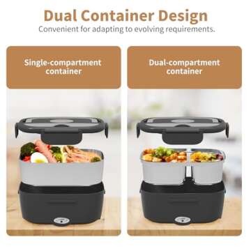 Geveniss Electric Lunch Box Food Heater - 80W Fast Heating Lunch Box (12V/24V/110V) - Dual 1.5L SS C...