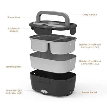 Geveniss Electric Lunch Box Food Heater - 80W Fast Heating Lunch Box (12V/24V/110V) - Dual 1.5L SS Containers - Portable Food Warmer for Car, Truck, Office, Travel Use - Ideal for Men, Women, Adults