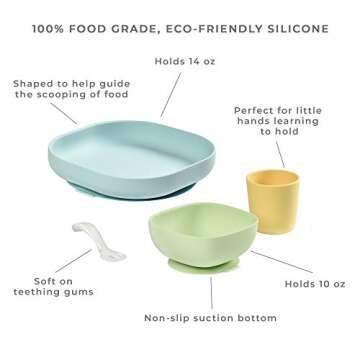 BEABA Silicone 4 Piece Baby Feeding Set, Suction Plates for Baby, Includes Baby Plate, Baby Bowl, Ba...