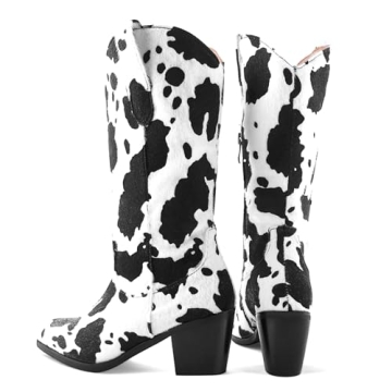 Cozivwaiy Stylish Cow Print Cowgirl Boots for Women