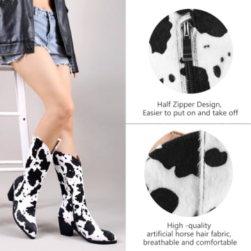 Cozivwaiy Stylish Cow Print Cowgirl Boots for Women