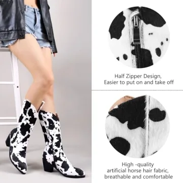 Cozivwaiy Stylish Cow Print Cowgirl Boots for Women