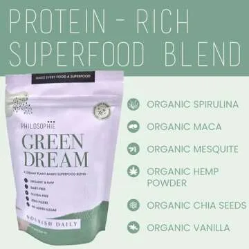 Philosophie Vegan Protein Powder - Green Superfood Powder with Hemp Protein, Spirulina & Maca Root Powder - Plant-Based, Organic Superfood Blend - Protein Powder for Meal Replacement Shake, 8oz