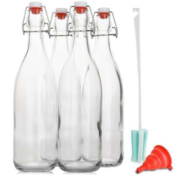 AYL Flip Top Glass Bottle [1 Liter / 33 fl. oz.] [Pack of 4] – Swing Brewing Bottle with Stopper f...