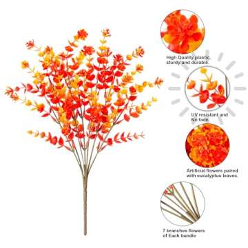 Ivydale Artificial Fake Outdoor Outside Mums Flowers Plants for Fall Autumn, 12 Bundles Faux Orange Plastic Shrubs Greenery Look Real UV Resistant for Front Door Porch Patio Balcony Garden Yard Decor