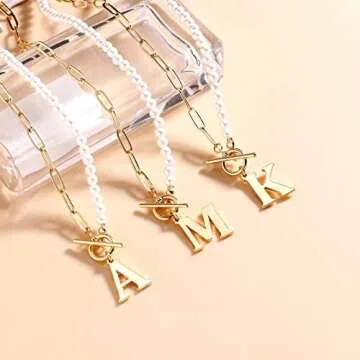 Pearl Initial Necklaces for Women Trendy, 14k Gold Plated Dainty Pearl Initial Necklace Paperclip Chain Toggle Clasp Monogram Necklace Initial Pendant Necklaces Gold Jewelry Gifts for Women Teen