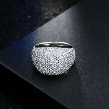 White Diamond Accent Dome Ring - Cluster Cubic Zirconia Paved Statement Wide Bands Size 5-11