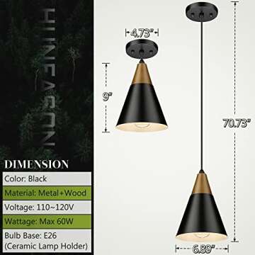 HUNEASON Pendant Lights, Modern Industrial Pendant Lighting Adjustable Height, Mid Century Modern Wooded and Metal Hanging Lamp for Kitchen Island Bar Dining Room Bedroom, Black