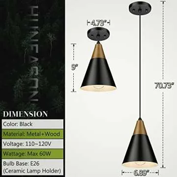 HUNEASON Pendant Lights, Modern Industrial Pendant Lighting Adjustable Height, Mid Century Modern Wooded and Metal Hanging Lamp for Kitchen Island Bar Dining Room Bedroom, Black