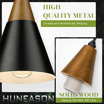 HUNEASON Pendant Lights, Modern Industrial Pendant Lighting Adjustable Height, Mid Century Modern Wooded and Metal Hanging Lamp for Kitchen Island Bar Dining Room Bedroom, Black