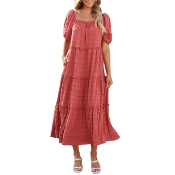 PRETTYGARDEN Women's Summer Maxi Dress Short Sleeve Square Neck Ruffle Tiered Flowy Casual Boho Long...