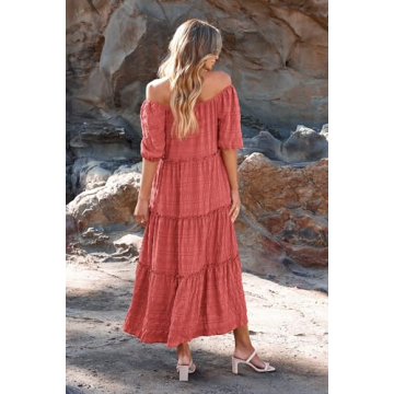 PRETTYGARDEN Women's Summer Maxi Dress Short Sleeve Square Neck Ruffle Tiered Flowy Casual Boho Long Dresses with Pockets