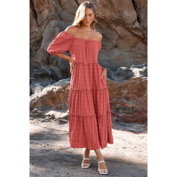 PRETTYGARDEN Women's Summer Maxi Dress Short Sleeve Square Neck Ruffle Tiered Flowy Casual Boho Long Dresses with Pockets