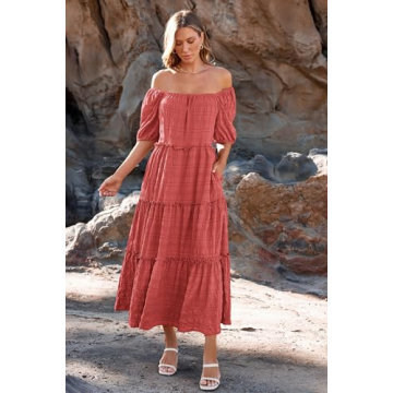PRETTYGARDEN Women's Summer Maxi Dress Short Sleeve Square Neck Ruffle Tiered Flowy Casual Boho Long Dresses with Pockets