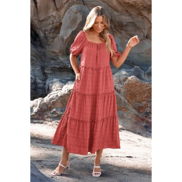 PRETTYGARDEN Women's Summer Maxi Dress Short Sleeve Square Neck Ruffle Tiered Flowy Casual Boho Long Dresses with Pockets